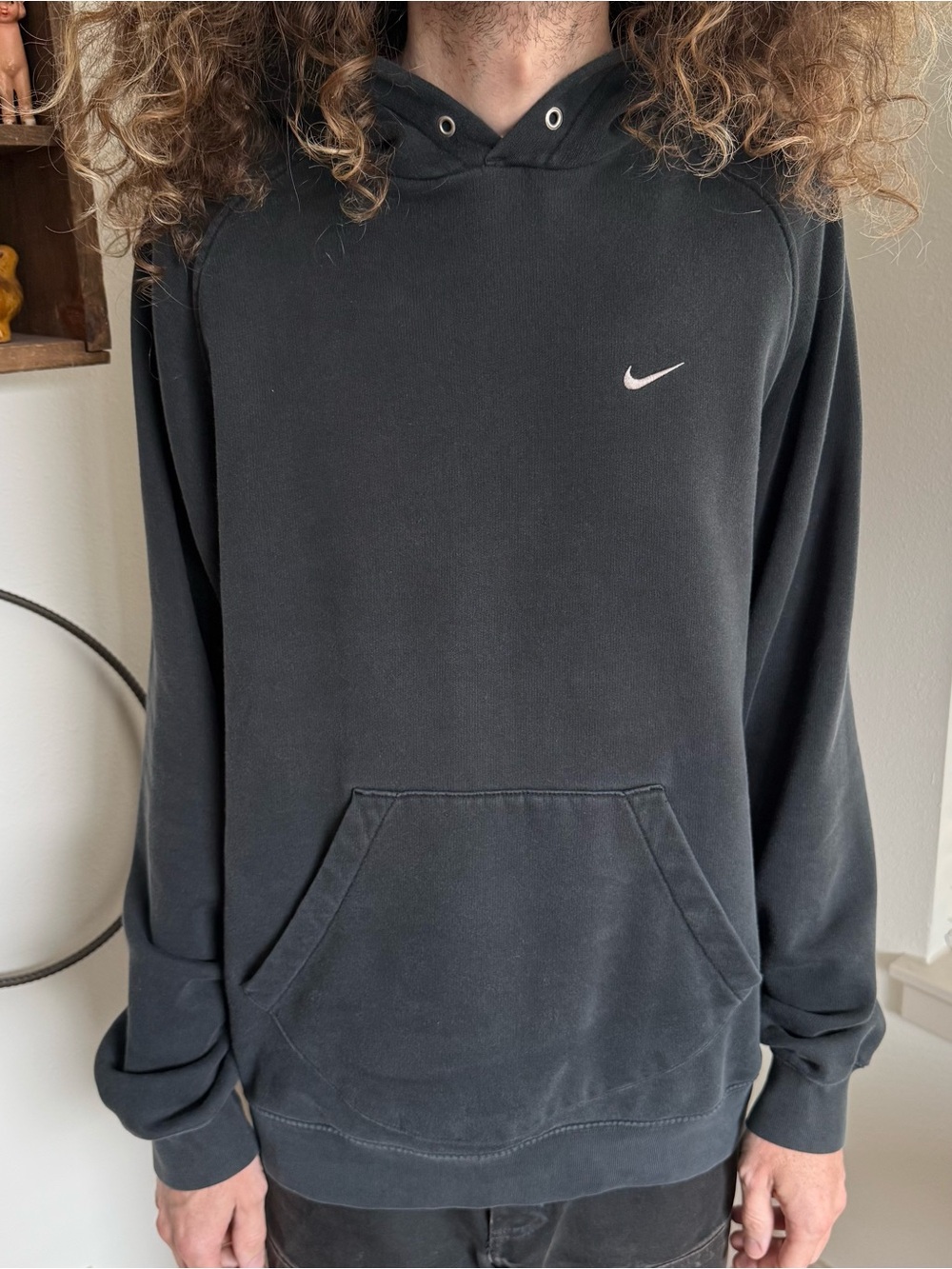 Vintage Y2K Nike Swoosh Faded Black Blank Pullover Hoodie ~ Size Large